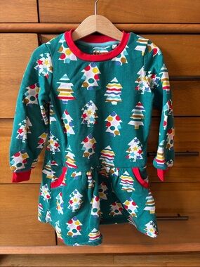 Boden Holiday Tree sweatshirt Dress with Red Trim